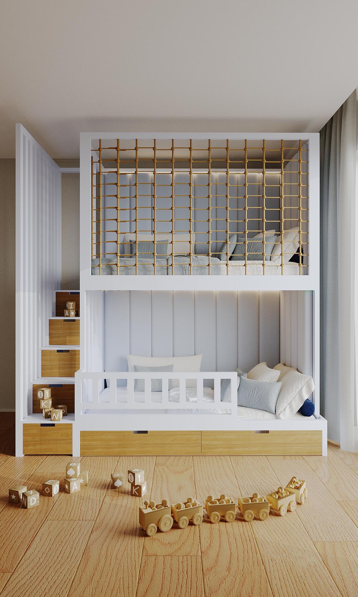 Сучасне дитяче двоповерхове ліжко з шухлядами, канатом та м’якими панелями preview